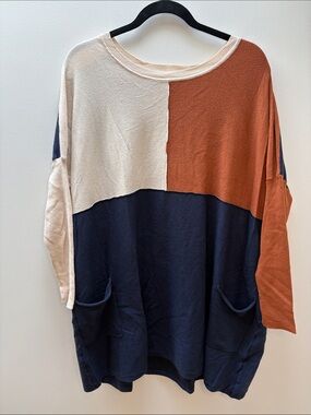 Colorblock Pocket Tunic Top in Rust, Navy & Cream
